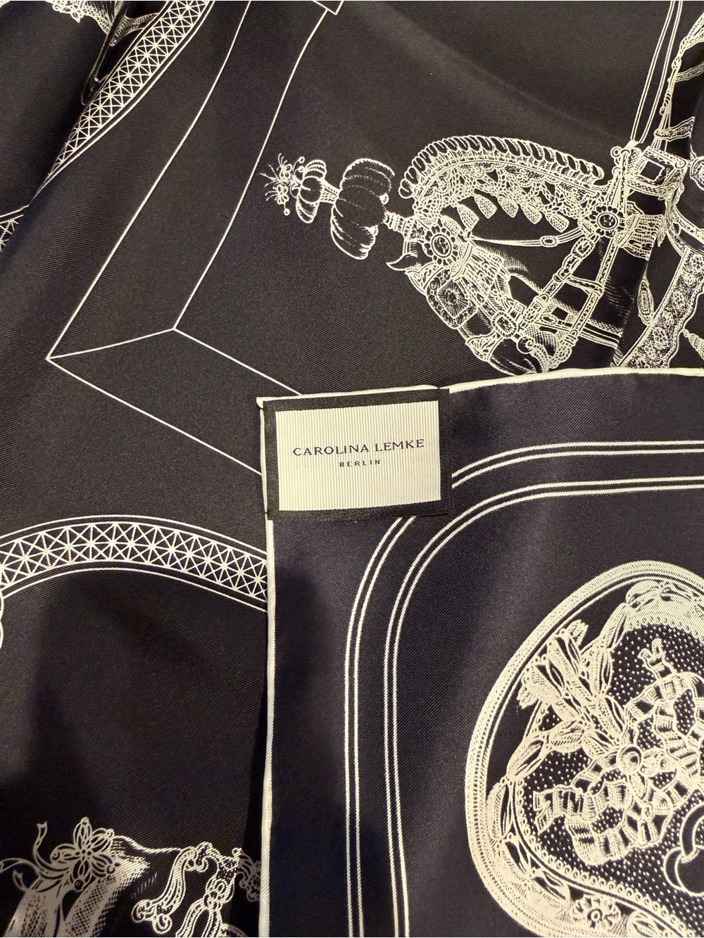 NEW Carolina Lemke Black & White Equestrian Silk Scarf Hand Rolled Edges #37 - Picture 7 of 10